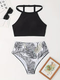 Tropical Leaf Print High Waisted 2 Piece Set Bikini, Spaghetti Strap Stretchy Plain Top & Comfy Bottoms Swimsuits, Women's Swimwear & Clothing
