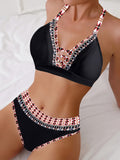 2 Piece Set V Neck High Cut Random Print Bikini, Contrast Color Women's Swimwear & Clothing