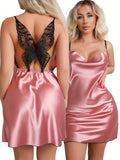 Women's Sexy Solid Satin Butterfly Lace Sleepwear Dress, Turtleneck Backless Slip Dress, Comfortable Nightgown