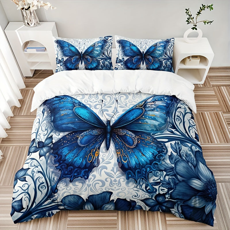 Luxury Blue Butterfly 3pc Bedding Set: Breathable, All-Season Duvet Cover & Pillowcases, Easy Maintenance for Comfort & Style