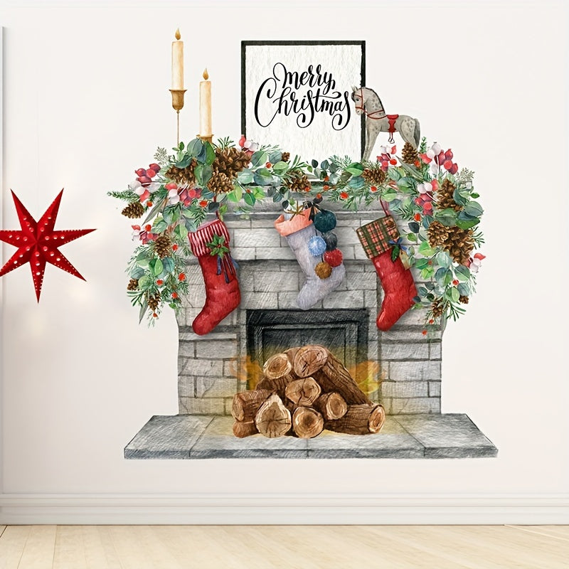 Merry Christmas Faux Fireplace Wall Decal with Flames - Perfect for Living Room & Kitchen Home Decor, Easy Stick-On, No Battery Needed