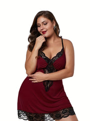 Sexy Plus Size Cami Nightdress - Soft Comfort Contrast Lace, Crisscross Back, V Neck Design, Free Matching Underwear Included, Perfect for Sleep and Lounge Wear