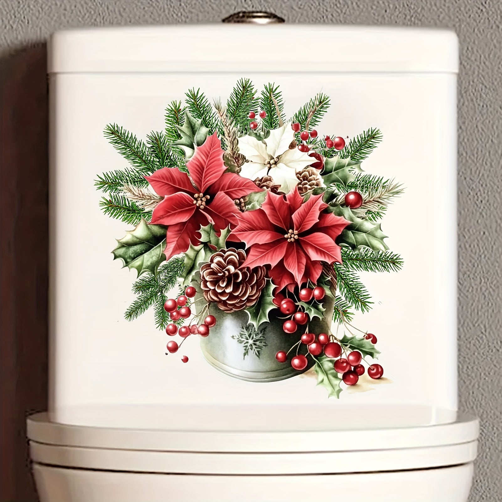 Festive Christmas Pine Cone & Floral Potted Plant Toilet Decal - Easy Stick-On Bathroom Sticker For Holiday Decor