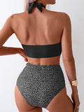 2 Piece Crisscross Halter Ring Bikini Top and Polka Dots Print Ruched High Waisted Bottoms Set - High Stretch, Machine Washable, Knit Fabric, Random Printing - Womens Swimwear for Summer Beach Vacation