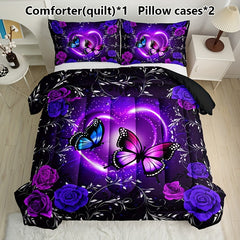 3pcs Purple Butterfly Floral Quilt Set (1 Quilt + 2 Pillowcase Without Pillow Insert), All Season Quilted Bedding Soft Comfortable Breathable Print Quilt For Home Dormitory