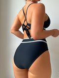 2 Piece Set Black & White Crisscross Tie Back Colorblock Bikini Swimsuits, Women's Swimwear & Clothing High Waist Bottoms Top