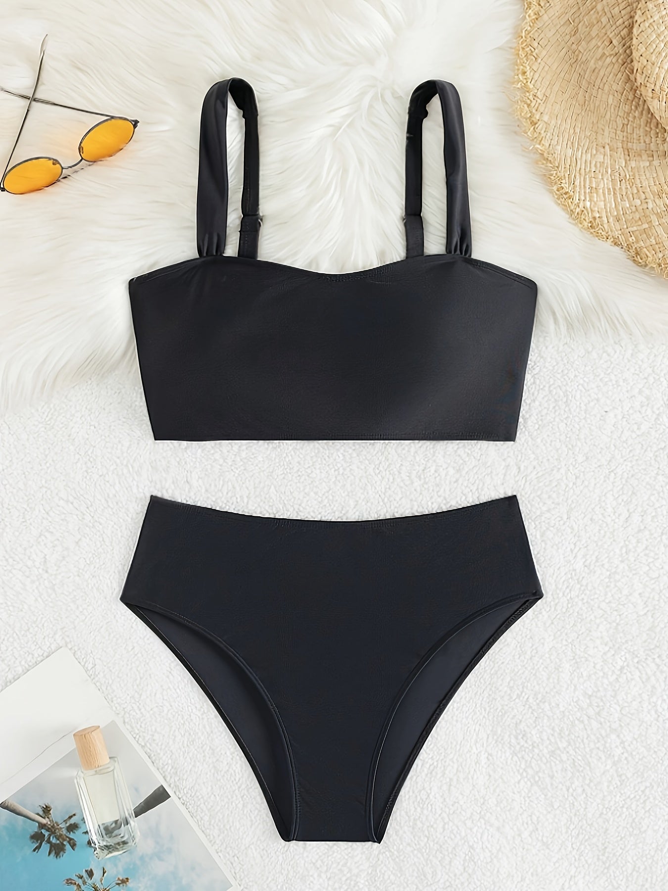 Two-Piece High-Waisted Women's Solid Color Bikini Set, Adjustable Straps, Comfortable Swimwear For Pool & Beach