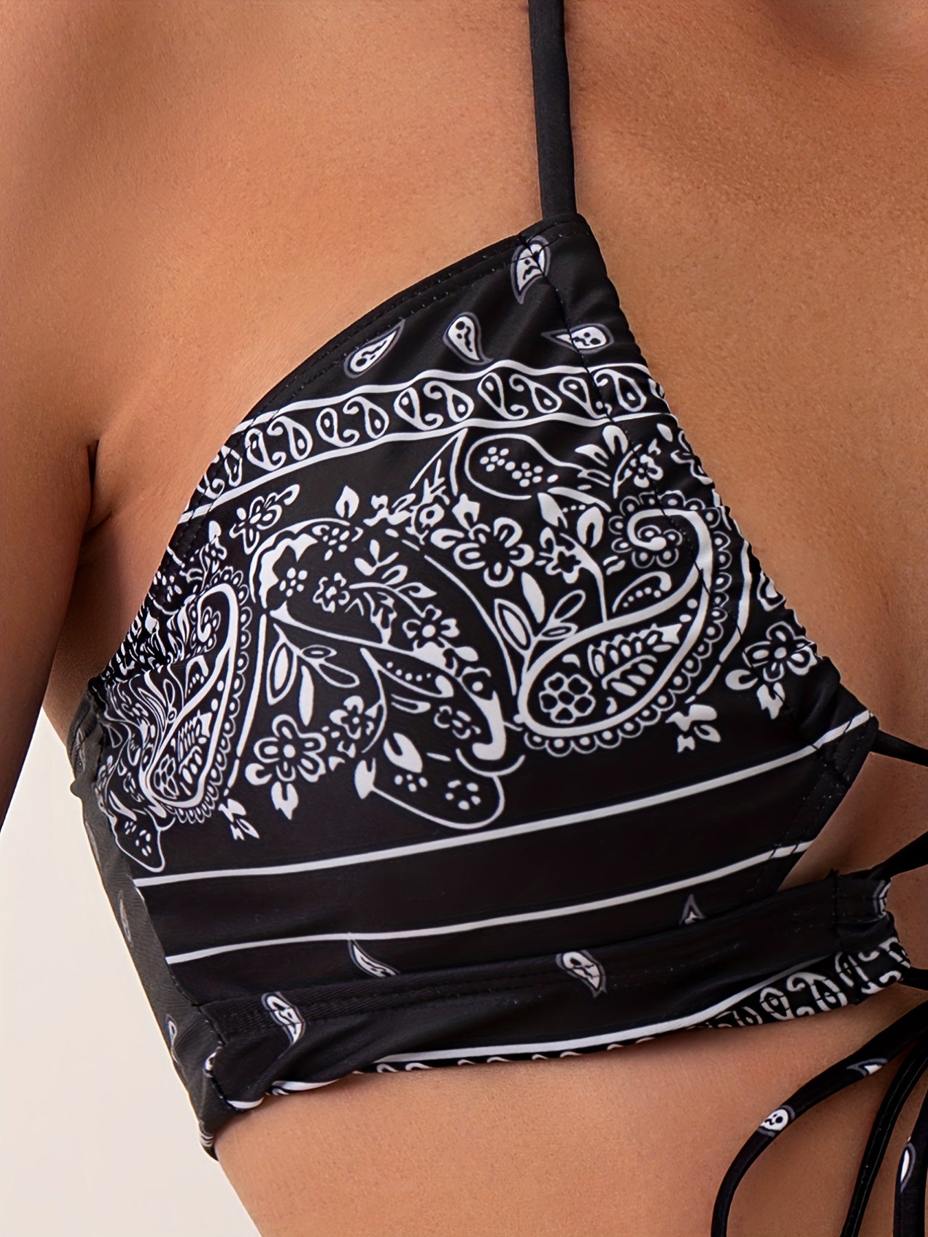 Two Piece Black Color Base Tie Centre Core Halter Neck Tie Side High Cut Ring-linked Ethnic Tribal Style All Over Print Bikini Sets, Women's Swimwear