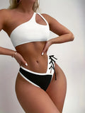 2 Piece One Shoulder Cut Out Bikini Set - High Stretch Polyamide Swimsuit with Asymmetric Contrast Trim, Hand Wash Only, Solid Color, Knit Fabric - Womens Swimwear for Swimming