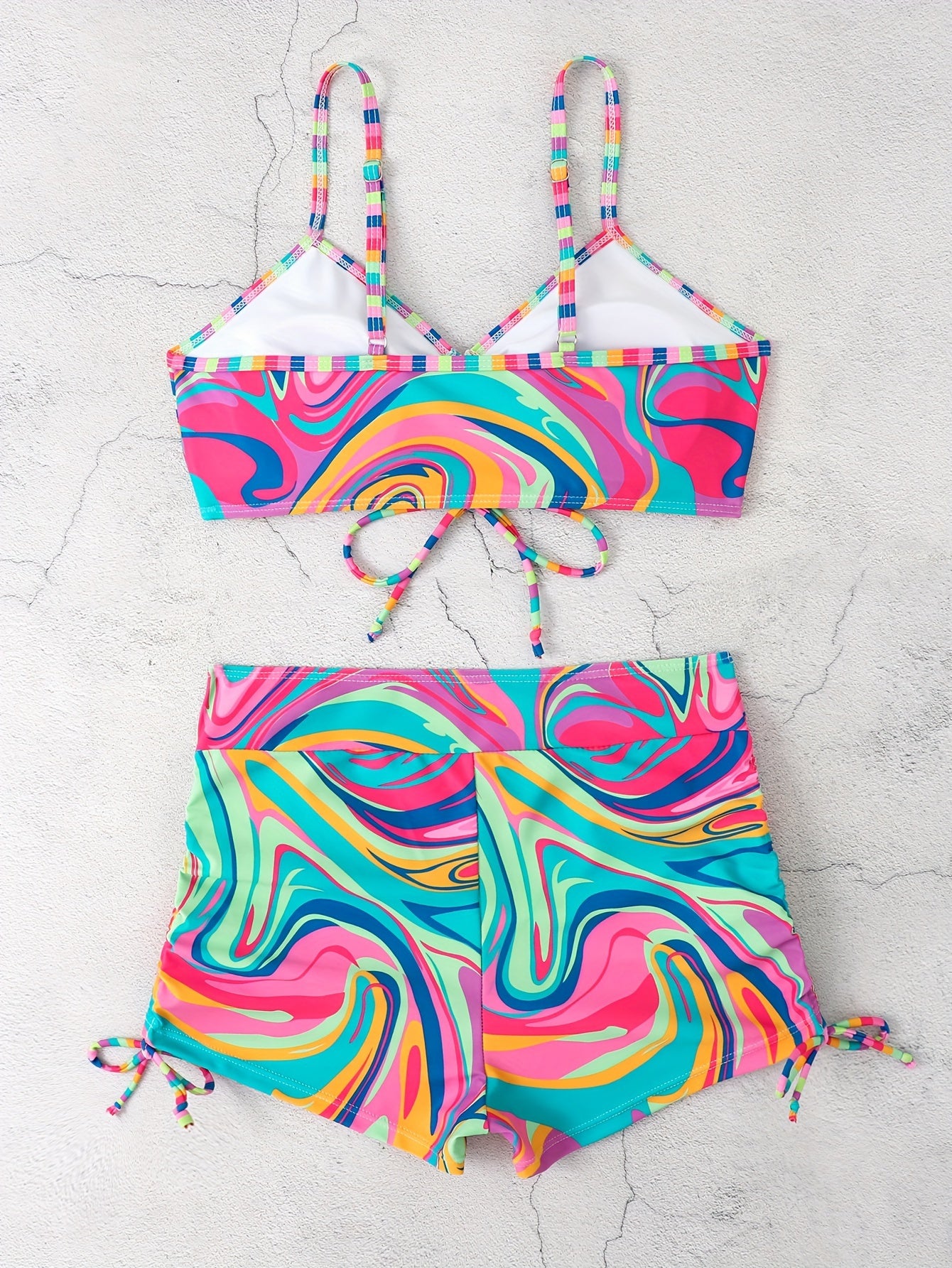 Colorful Swirl Print High Waist 2 Piece Set Bikini, Drawstring Spaghetti Strap Stretchy Swimsuits, Women's Swimwear & Clothing