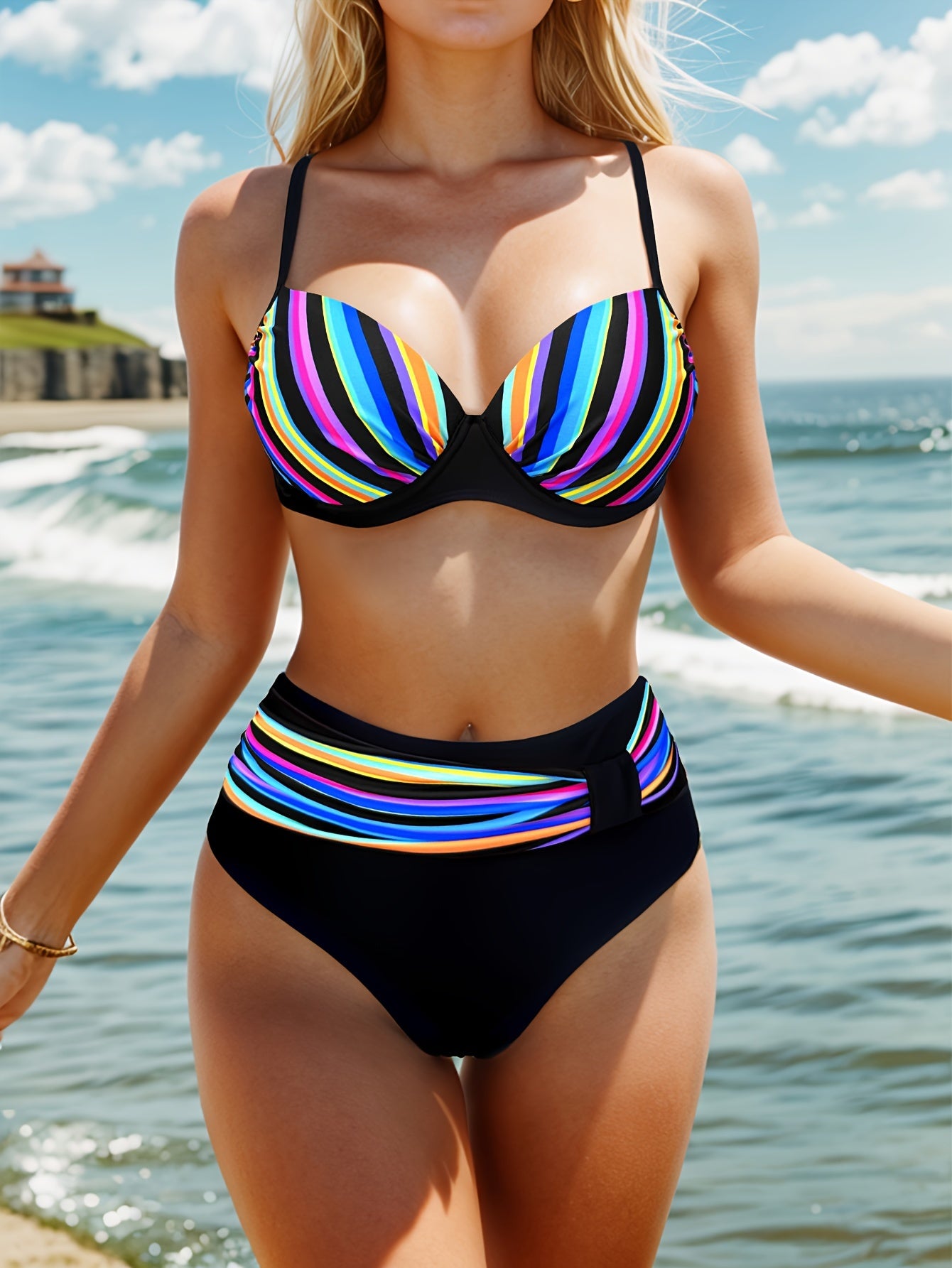 Flattering V Neck Striped Print Bikini Set - Super Stretchy High Cut Swimsuit - 2 Piece Womens Swimwear & Stylish Summer Clothing for Vacation