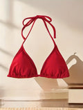 2 Piece Set Plain Red Triangle Halter Tie Strap Backless Bikini Swimsuits, Women's Swimwear & Clothing