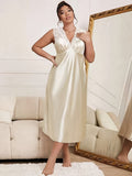 Plus Size Elegant Sleep Dress - Soft Satin, Contrast Lace, V Neck, Backless, Tank Style, Comfortable Nightdress for Women