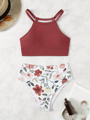 2 Piece High Waisted Leaf & Floral Print Bikini Set - Stretchy Spaghetti Strap Top, Comfy Bottoms, Machine Washable, High Stretch Polyester, Knit Fabric, Random Printing - Womens Swimwear & Clothing