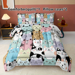 3-Piece Whimsical Cat Quilt Set - Soft, Comfortable & All-Season - Perfect for Home & Dorm (1 Quilt + 2 Pillowcases)