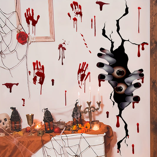 Spooky Halloween 3D Wall Decals - Peeking Blood Handprint Design for Fridge, Cabinet & Bathroom Decor, Easy Stick-On PVC