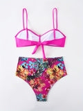 Women's Sexy Faux Pearl-Accented Bikini Set, Tropical Print, High-Waist Swimwear