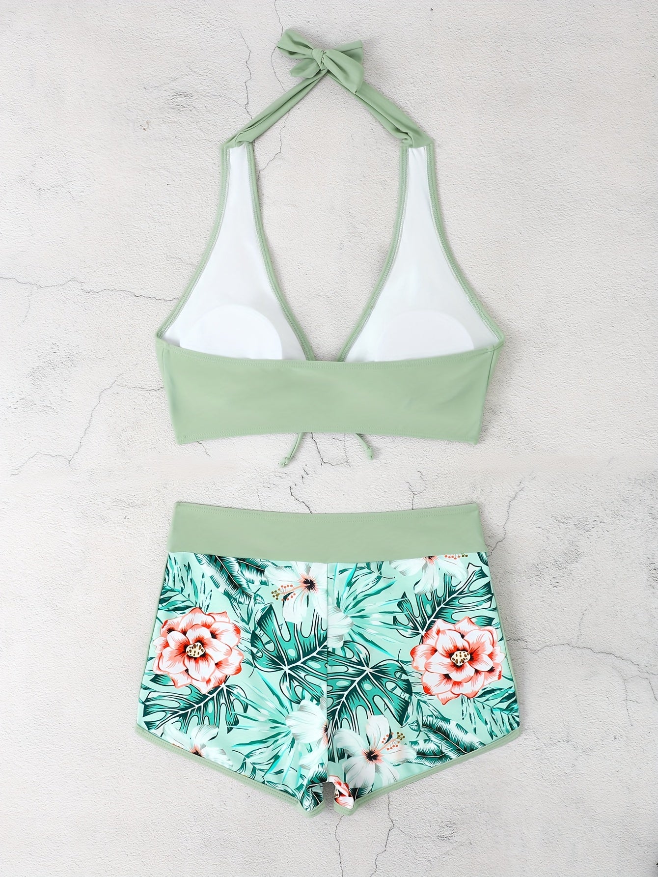 2 Piece Green Floral Print Halter Neck Bikini Set - High Waisted, Stretchy, Comfy, Backless, Knotted, Random Tropical Print, Sleeveless, Hand Washable - Womens Swimwear & Clothing for Swimming