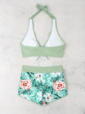 2 Piece Green Floral Print Halter Neck Bikini Set - High Waisted, Stretchy, Comfy, Backless, Knotted, Random Tropical Print, Sleeveless, Hand Washable - Womens Swimwear & Clothing for Swimming