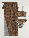 Striped Print 3 Piece Set Bikini, Square Neck High Cut With Cover Up Skirt Swimsuits, Women's Swimwear & Clothing