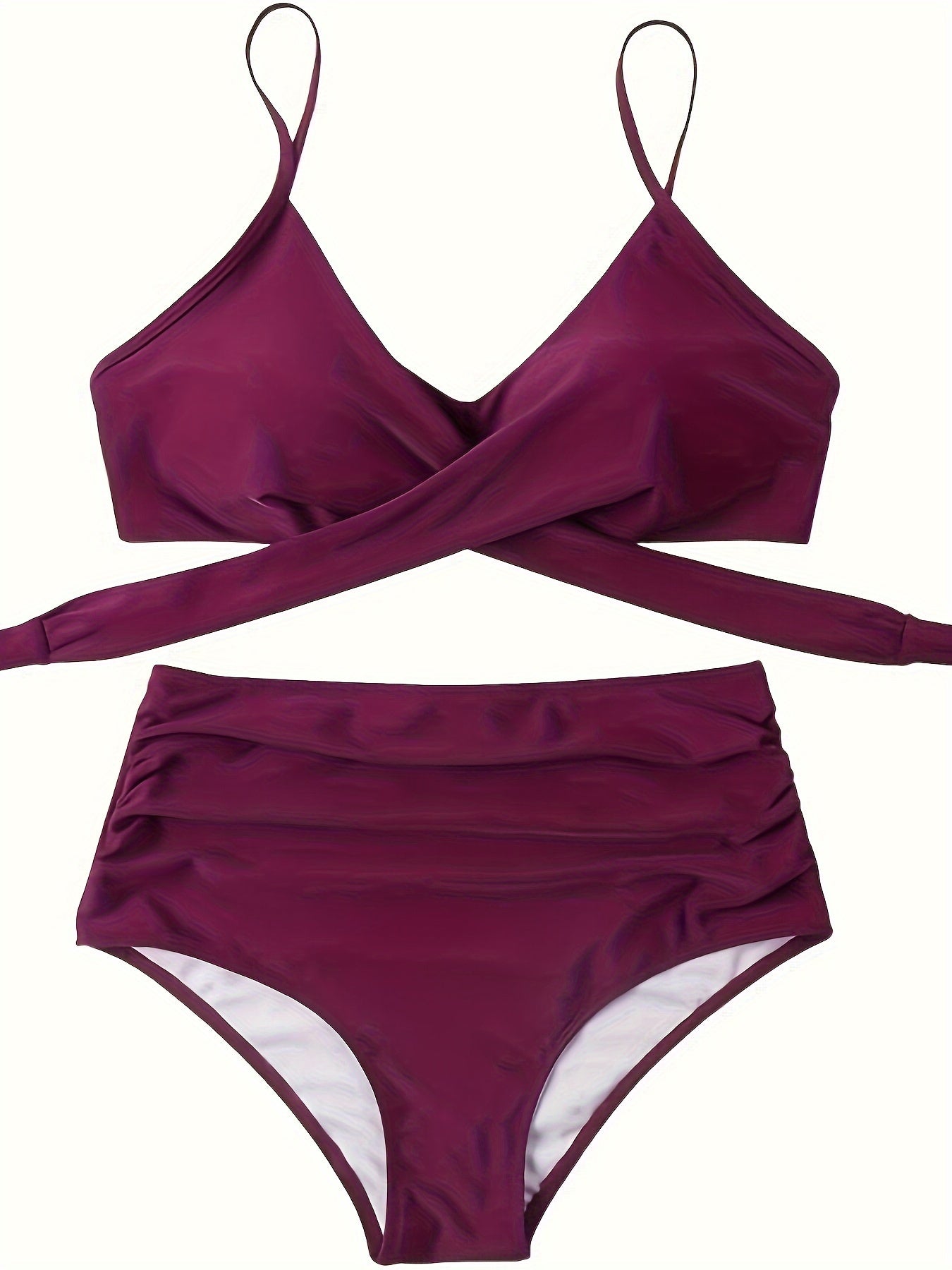 OMKAGI Elegant High-Waist Bikini Set for Women - Solid Color, Cross-Back Design with V-Neck Top & Ruched Bottoms, Machine Washable