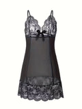 Seductive Sheer Lace Mesh Slip Dress - Alluring Deep V-Neck, Backless Scallop Trim Babydoll - Feminine Womens Lingerie & Underwear