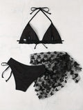 3-Piece Women’s Swimwear Set - Classic Solid Butterfly Applique, Playful Lettuce Trim & Tie-Halter Design - Perfect for Beach & Pool