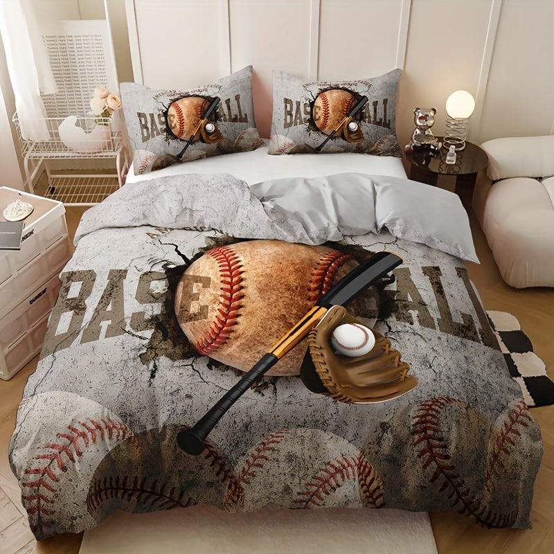 3-Piece Breathable Vintage Baseball Bedding Set – Soft, All-Season Duvet Cover with Pillowcases, Easy Maintenance & Comfort