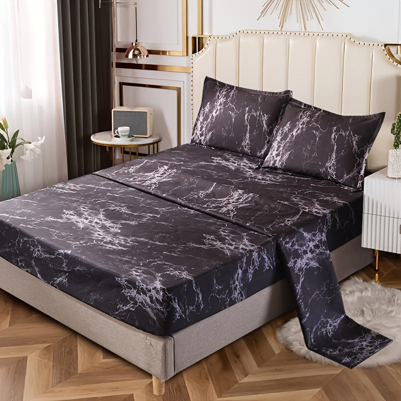 4pcs/set Marble Brushed Fitted Sheet Set 90g (1 Flat Sheet + 1 Fitted Sheet + 2 Pillowcases) Soft & Breathable Stone Pattern Sheets, Bedding For Bedroom & Guest Room