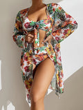 3 Piece Tropical Floral Print Swimsuit Set - Women's High Waist Round Neck Spaghetti Straps Bikini with Long Sleeve Cover Up, Stretchy and Comfortable Swimwear & Clothing for Summer Vacation