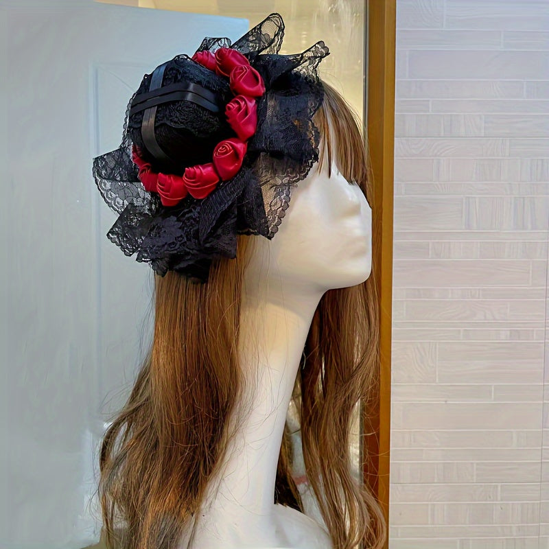 Vintage-Inspired Lace Rose Top Hat with Clip for Women - Perfect for Halloween & Masquerade Parties