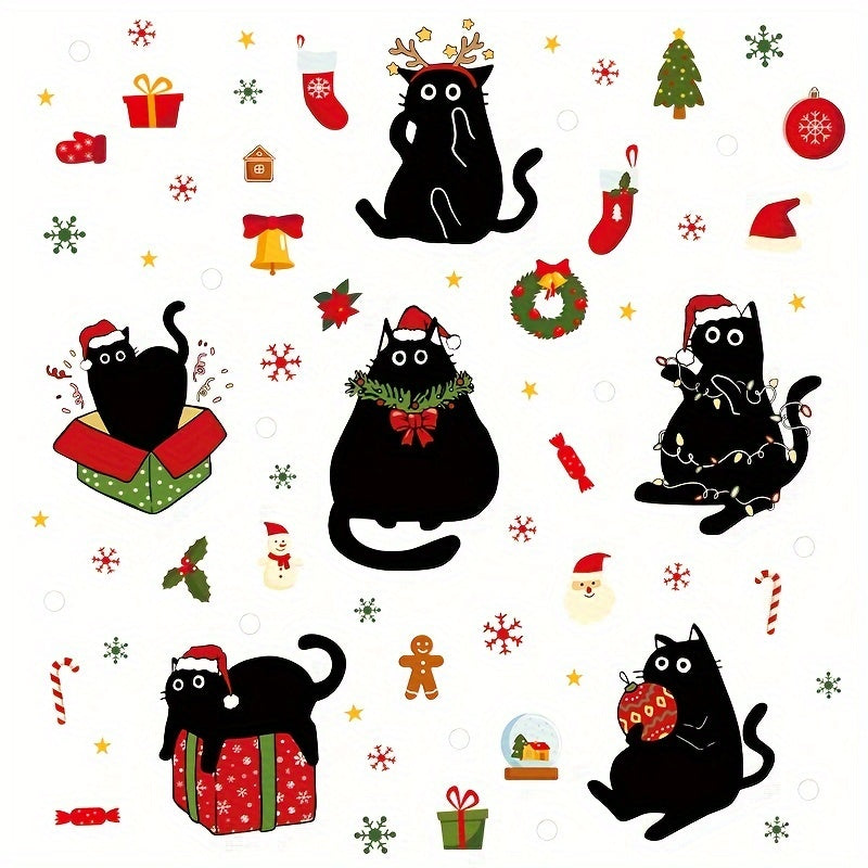 67pcs Christmas & Black Cat Themed Wall Decals - Removable PVC Window Clings for Festive Home Decor