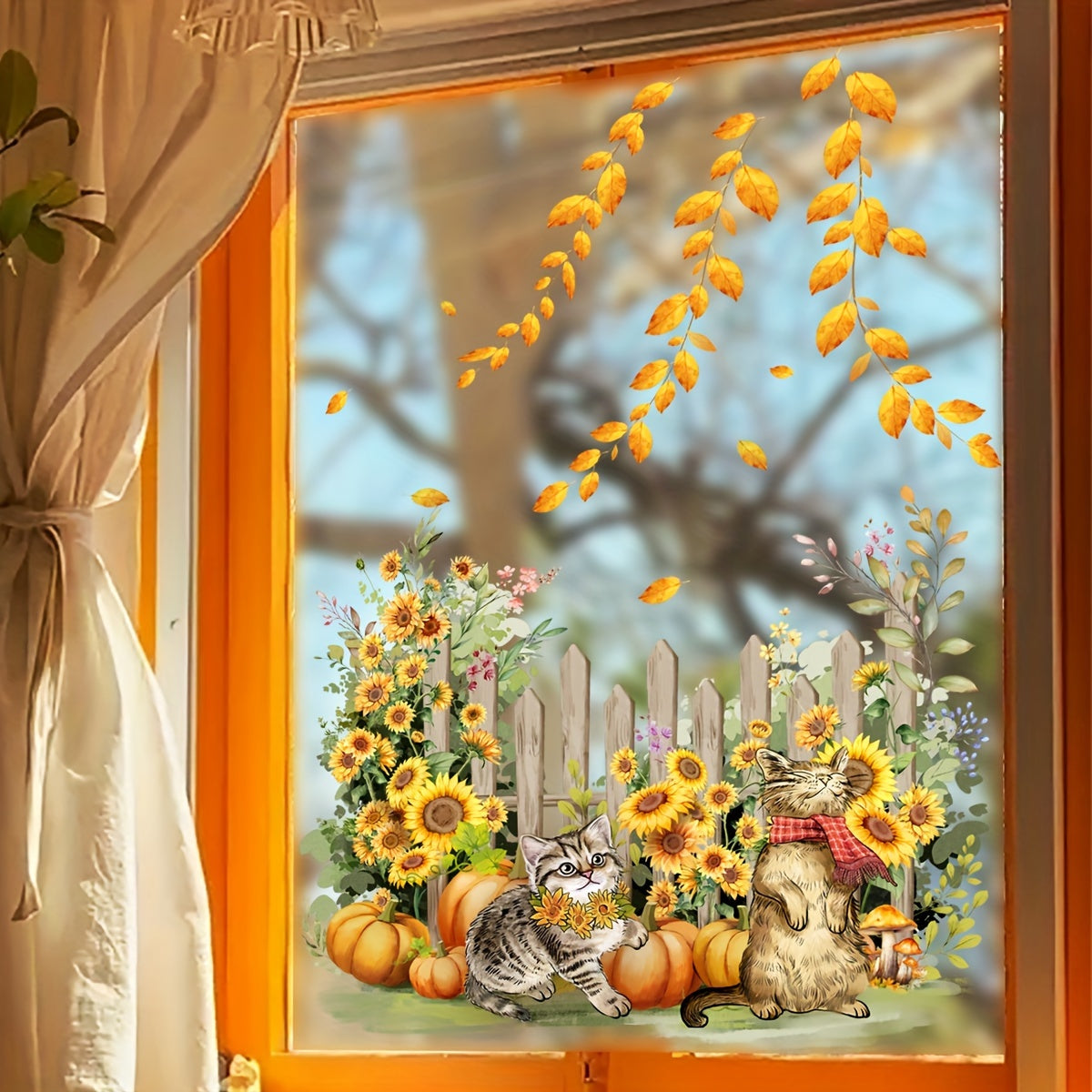 Classic Autumn Cats and Pumpkins Wall Stickers, Leaf Pattern, PVC Material, For Ceramic and More Surfaces, Reusable, Irregular Shape, Matte Finish, Self-Adhesive, No Electricity or Battery Needed