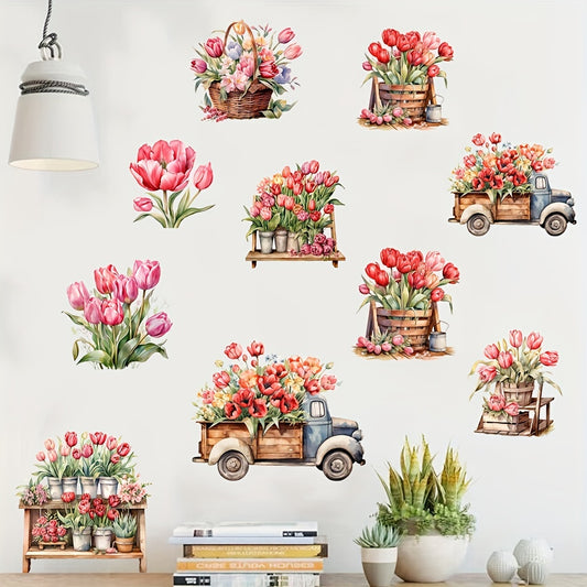 Classic Tulip Bouquet & Vintage Truck Wall Decals, Flower Pot PVC Stickers, Self-Adhesive Floral Wall Art for Living Room Bedroom Hallway Decor, Irregular Semi-Matte Finish, Multi-Surface Installation, No Battery Required