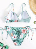 Two Pieces High Cut Tropical Print V Neck Bikini Sets, Ruched Spaghetti Straps Tie Side, Women's Swimwear & Clothing