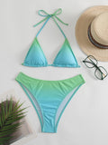 2 Piece Ombre Halter Triangle Bikini Set - Women's Swimwear & Clothing - Tie Back, Low Waist, Medium Stretchy, Backless, Comfortable, and Stylish Swimsuits for Summer