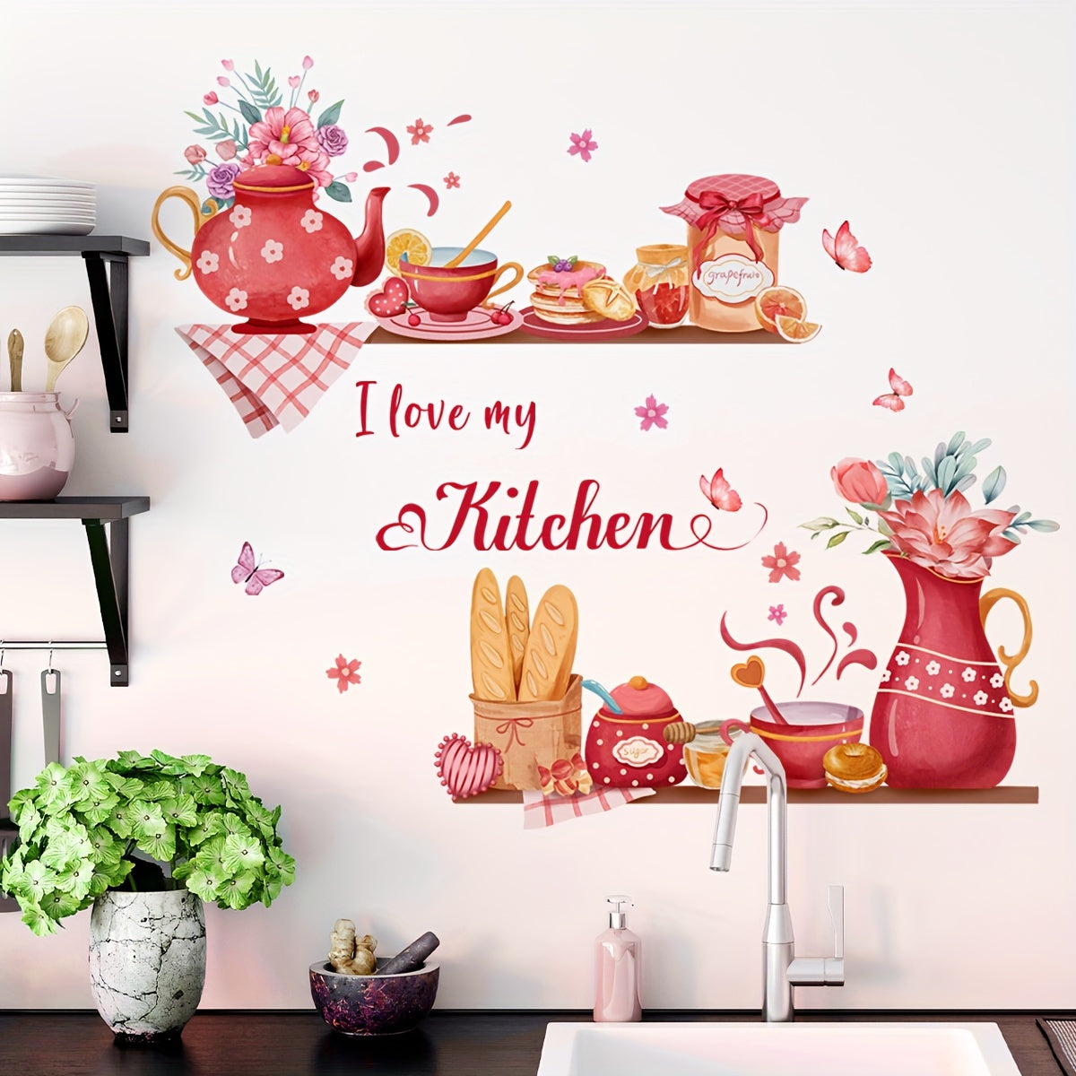 Glam Style Kitchen Wall Decals with Flower Patterns, Polyvinyl Chloride, Glass Surface Recommended, Single Use Adhesive Wall Art, Semi-glossy Rectangle Decorations, Multi-surface Easy Install, No Electricity or Battery Needed