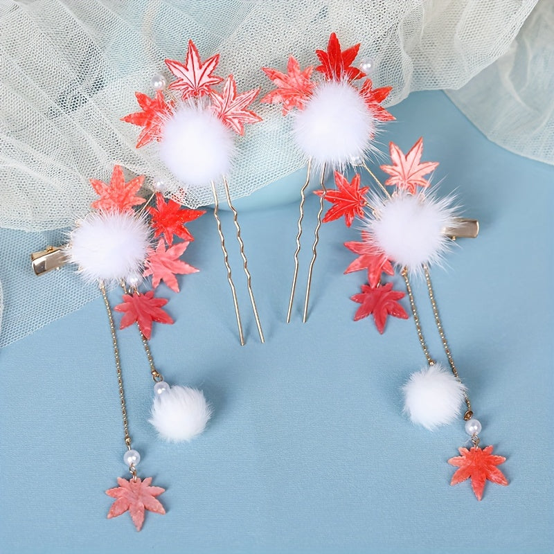 Vintage Style Hair Clip With Tassel, Red Maple Leaf Design Hairpin, Chinese Style Hair Accessory