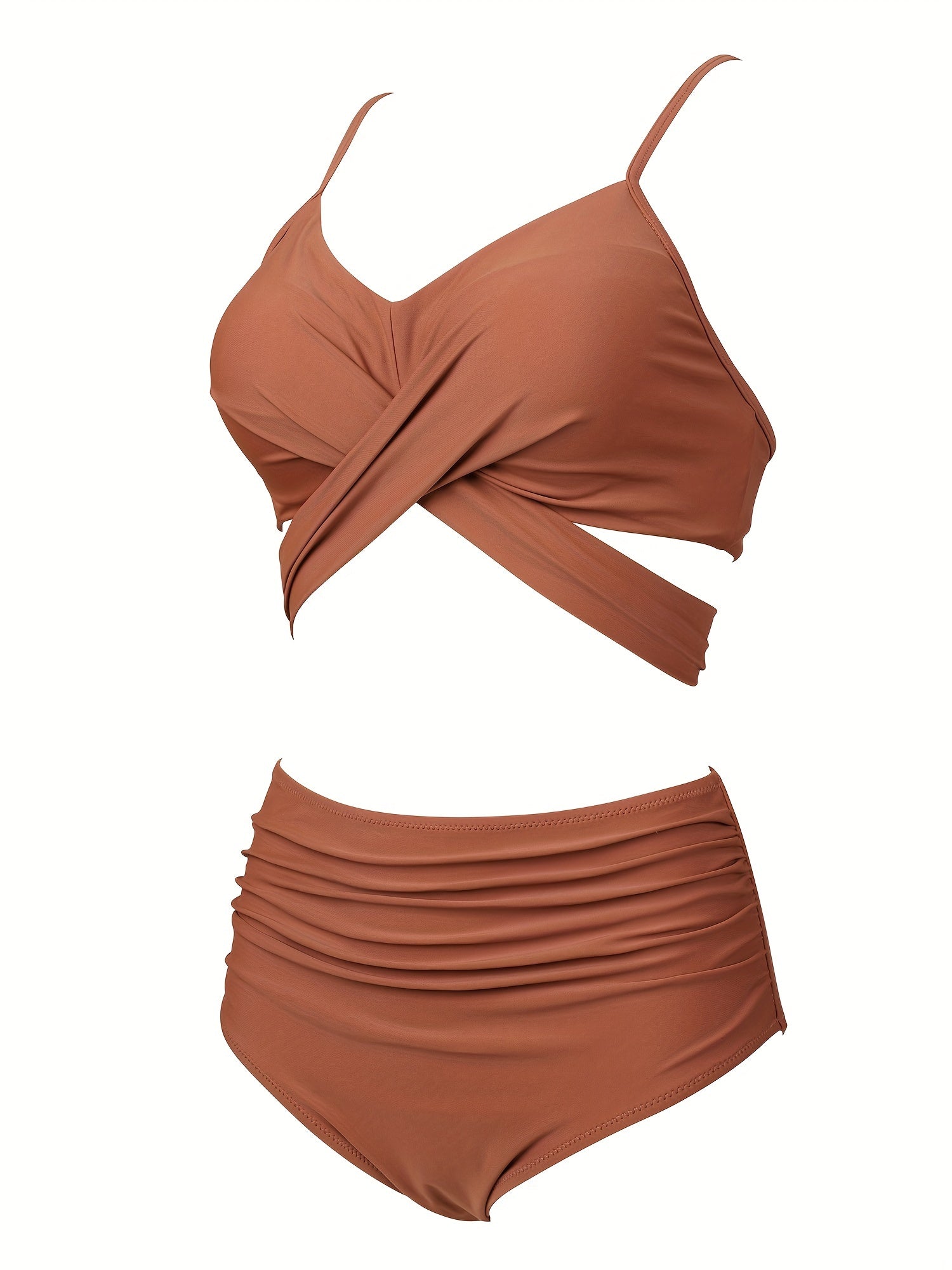 2 Piece Ruched Bikini Set - Women's High Waist Swimsuits with V Neck, Solid Color, Comfortable Swimwear & Clothing for Beach Vacation