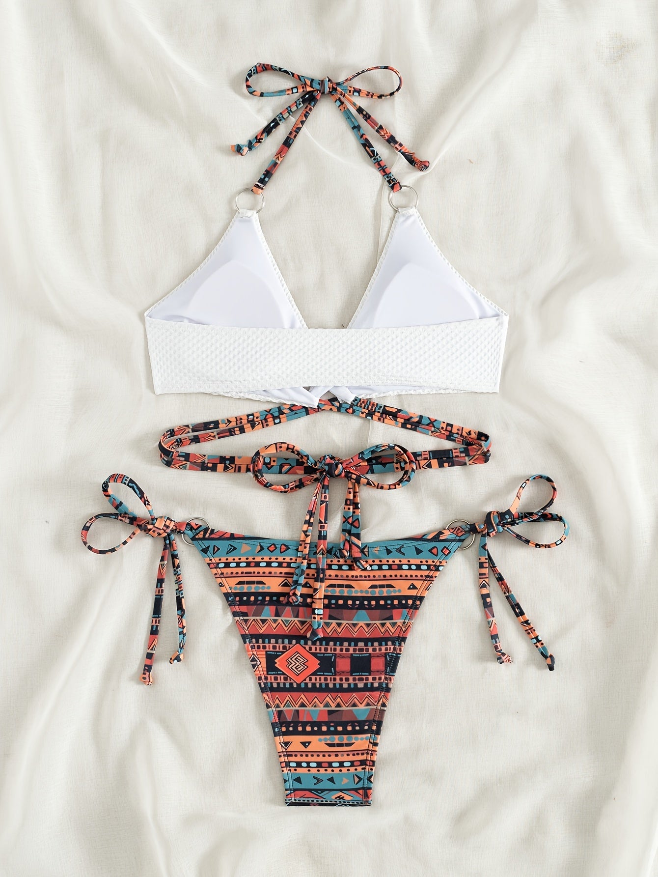 2-Piece Tribal Print High Cut Bikini Set - Stylish Tie Halter Top and Side-Tie Bottoms with Flattering Cut-Out Design, Comfortable Summer Beachwear for Women