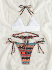 2-Piece Tribal Print High Cut Bikini Set - Stylish Tie Halter Top and Side-Tie Bottoms with Flattering Cut-Out Design, Comfortable Summer Beachwear for Women