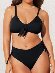 Plus Size Womens Two-Piece Bikini Swimsuit - High-Waisted, Adjustable Tie-Front, Removable Padded, Medium Stretch, Machine Washable, Solid Color Fashion Bikini with Drawstring and Spaghetti Strap Details