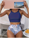 Tropical Leaf Print High Waisted 2 Piece Set Bikini, Spaghetti Strap Stretchy Plain Top & Comfy Bottoms Swimsuits, Women's Swimwear & Clothing