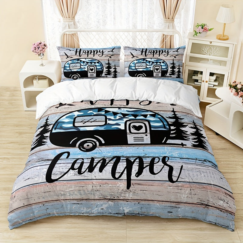 3-Piece Camping Forest Car Print Duvet Cover Set - Soft, Comfortable, and Fashionable Bedding for Bedroom and Guest Room - Includes 1 Duvet Cover and 2 Pillowcases, No Filling