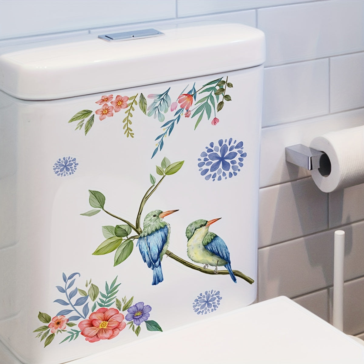 Charming Bird & Floral Toilet Lid Decal - Matte Finish, Self-Adhesive Bathroom Wall Sticker for Easy Installation