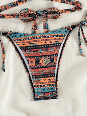 2-Piece Tribal Print High Cut Bikini Set - Stylish Tie Halter Top and Side-Tie Bottoms with Flattering Cut-Out Design, Comfortable Summer Beachwear for Women