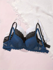 3pcs Comfy Scallop Trim Lace Bra, Underwire Push Up Women's Lingerie & Breathable Underwear