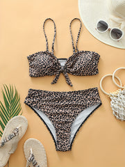 Two Piece High-Waisted Women's Leopard Print Bikini Set, Bow Tie Front Swimwear for Summer Beach Outfit