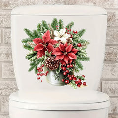 Christmas Floral & Pine Cone Toilet Decal - Easy Stick, Removable Bathroom Sticker for Festive Decor