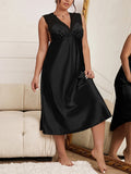 Plus Size Elegant Sleep Dress - Soft Satin, Contrast Lace, V Neck, Backless, Tank Style, Comfortable Nightdress for Women